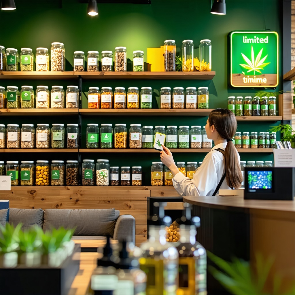 The image depicts a vibrant cannabis retail store interior filled with organized shelves of various cannabis products including jars of flower colorfu